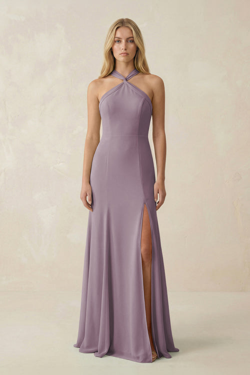 Dusk Halter Chiffon Mermaid Ruched Bridesmaid Dress | KISSBRIDAL