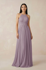Dusk Halter Neck A-Line Chiffon Bridesmaid Dress | KISSBRIDAL