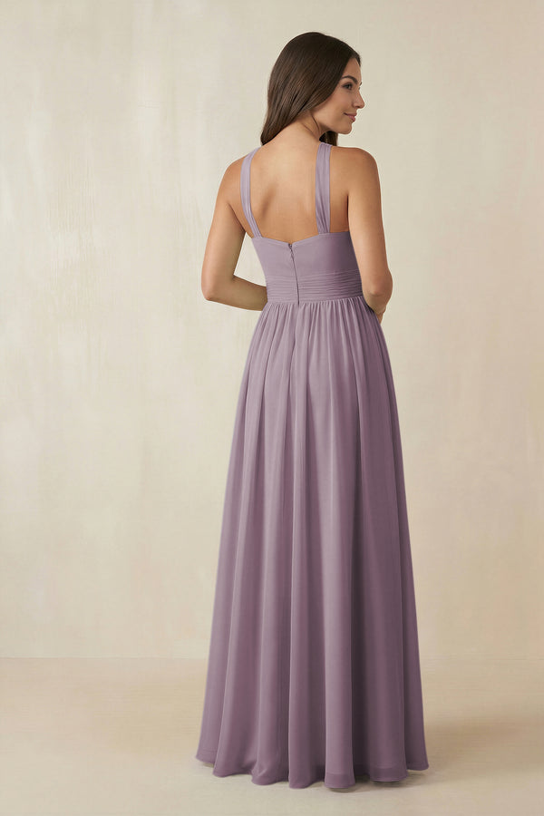Dusk Halter Neck Ruched A-Line Chiffon Bridesmaid Dress (2) | KISSBRIDAL