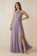 Dusk Halter Neck Ruched A-Line Chiffon Bridesmaid Dress | KISSBRIDAL