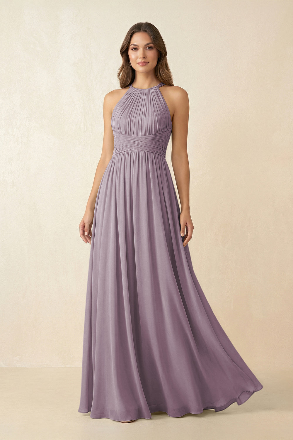 Halter Pleated A-Line Chiffon Bridesmaid Dress in Dusk