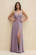 Dusk Halter Sheath Long Chiffon Bridesmaid Dress | KISSBRIDAL
