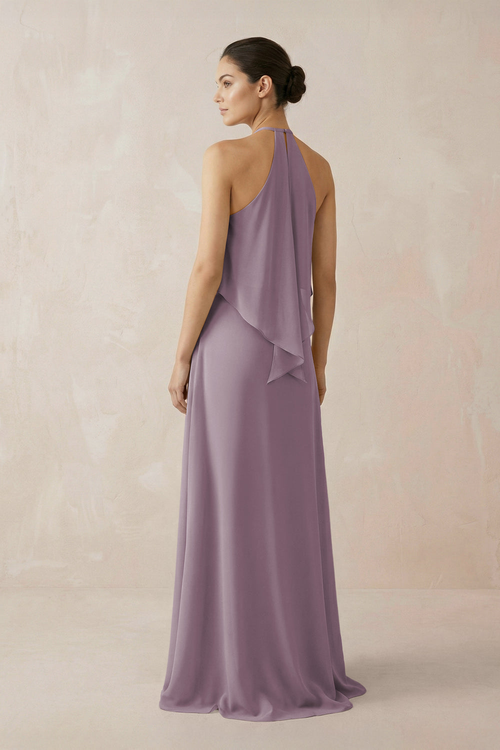 Halter Sheath Ruffled Chiffon Bridesmaid Dress in Dusk