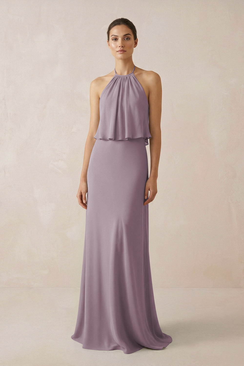 Halter Sheath Ruffled Chiffon Bridesmaid Dress in Dusk