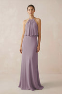 Dusk Halter Sheath Ruffled Chiffon Bridesmaid Dress | KISSBRIDAL