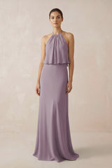 Dusk Halter Sheath Ruffled Chiffon Bridesmaid Dress | KISSBRIDAL