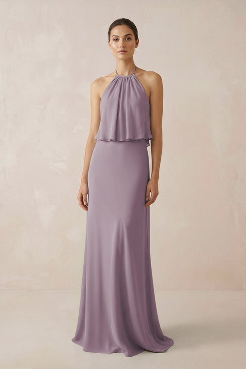 Dusk Halter Sheath Ruffled Chiffon Bridesmaid Dress | KISSBRIDAL