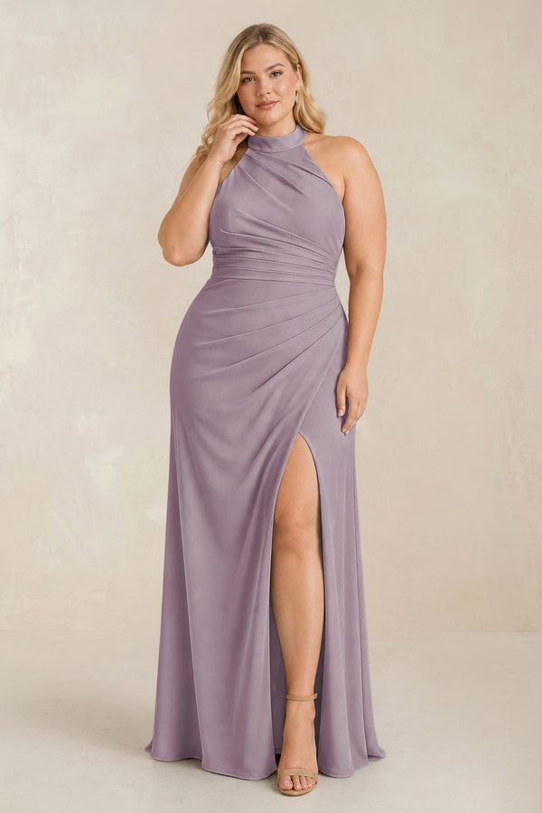 Dusk High Neck Chiffon Sheath Ruched Bridesmaid Dress [sizeplus] | KISSBRIDAL