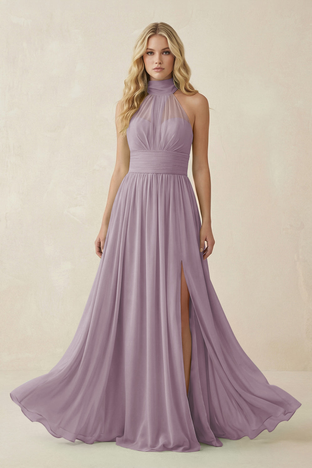 Illusion Halter A-Line Chiffon Bridesmaid Gown in Dusk