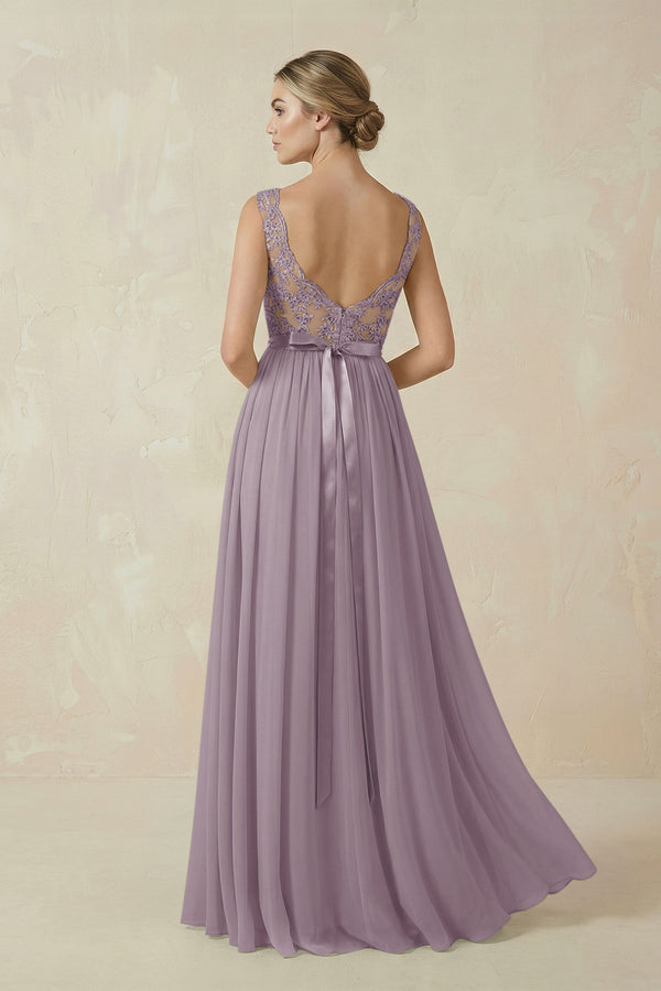 Dusk Lace A-Line Bateau Neck Chiffon Long Bridesmaid Dress (2) | KISSBRIDAL