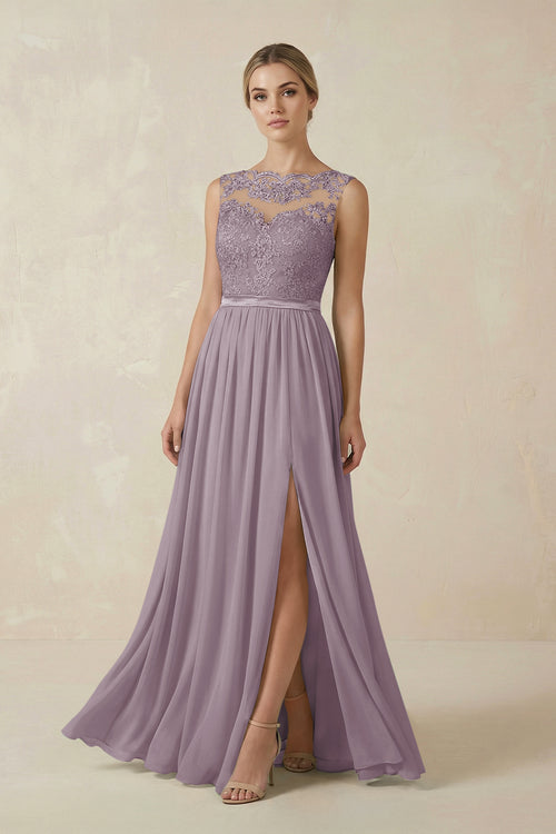 Dusk Lace A-Line Bateau Neck Chiffon Long Bridesmaid Dress | KISSBRIDAL