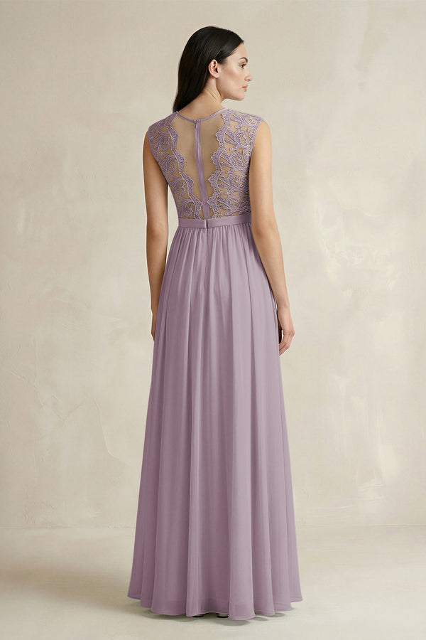 Dusk Lace Chiffon A-Line Round Neck Bridesmaid Dress (2) | KISSBRIDAL