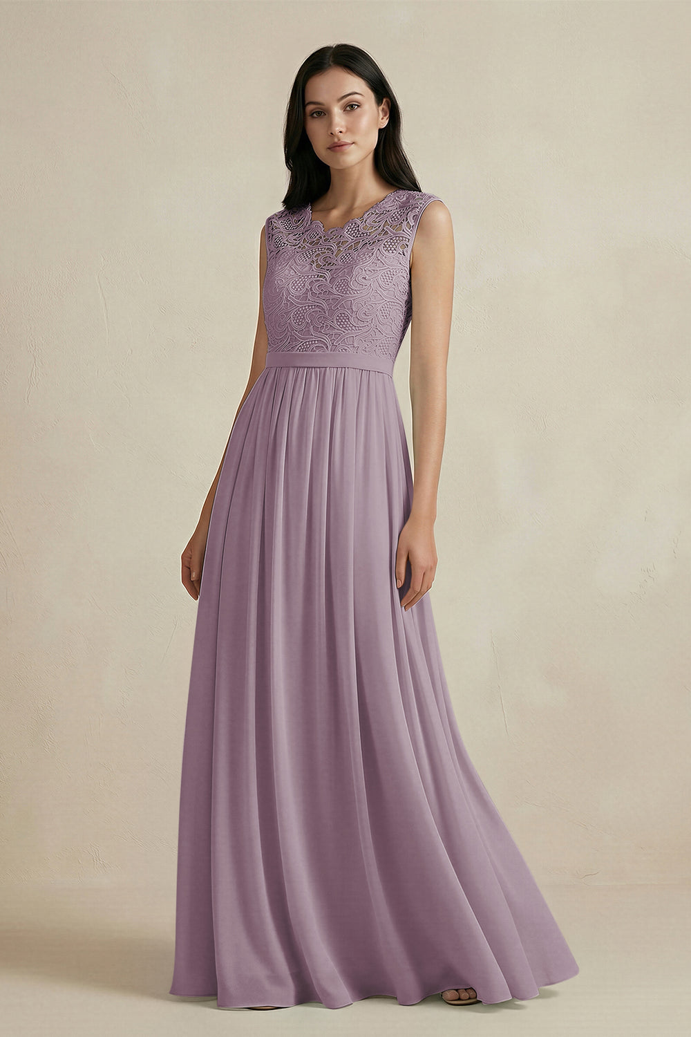 Lace Chiffon A-Line Round Neck Bridesmaid Dress in Dusk