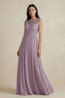 Dusk Lace Chiffon A-Line Round Neck Bridesmaid Dress | KISSBRIDAL