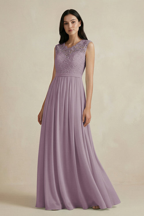 Dusk Lace Chiffon A-Line Round Neck Bridesmaid Dress | KISSBRIDAL
