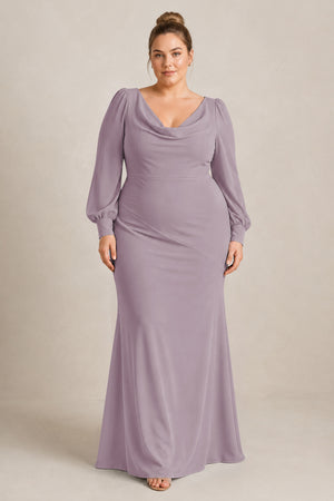 Dusk Long Sleeve V-Neck Sheath Chiffon Bridesmaid Dress [sizeplus] | KISSBRIDAL