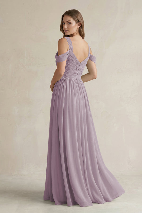 Dusk Off-the-Shoulder A-Line Chiffon Bridesmaid Dress With Slit (2) | KISSBRIDAL
