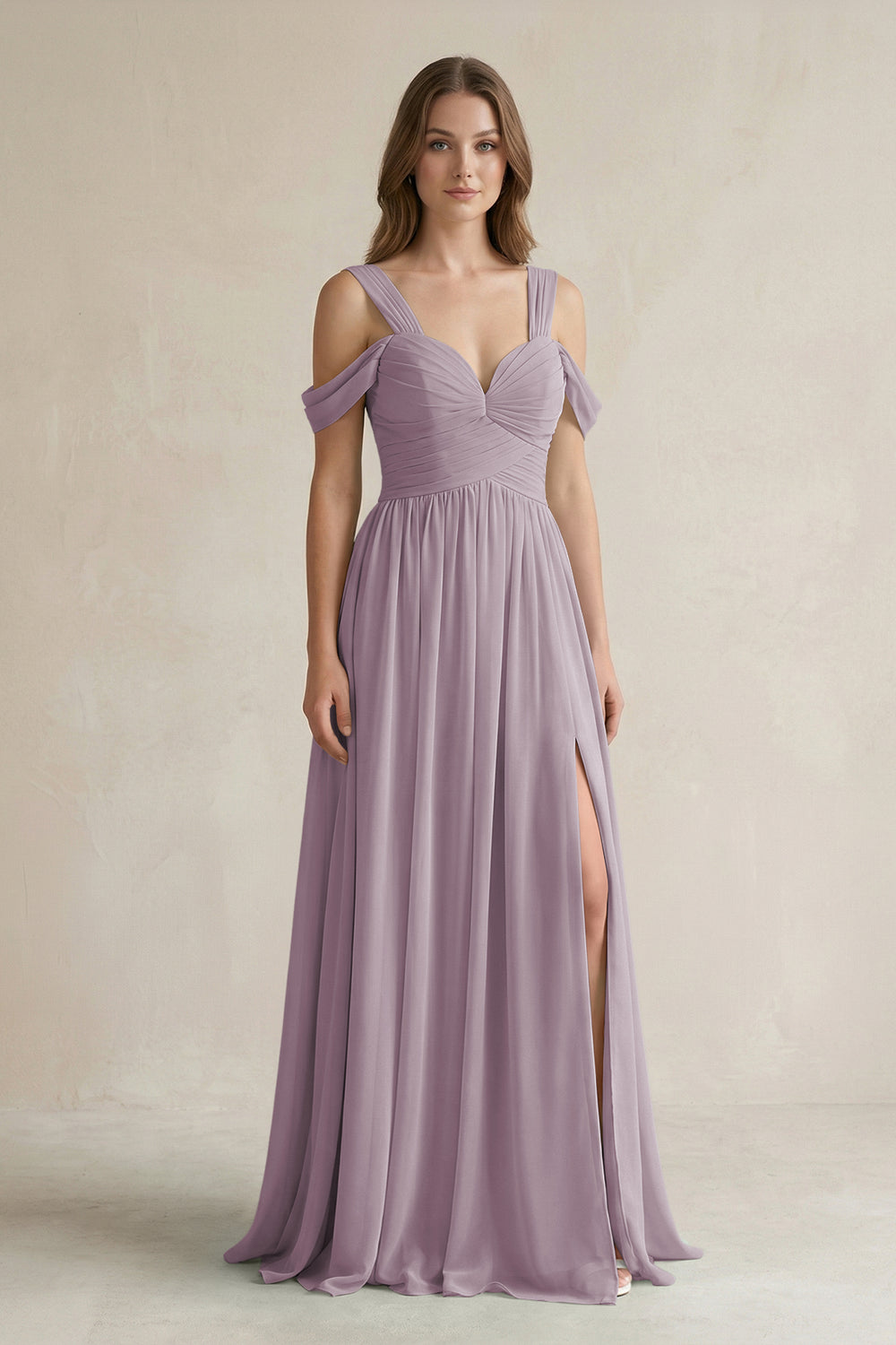 Off-the-Shoulder A-Line Chiffon Bridesmaid Dress With Slit in Dusk
