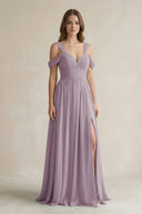 Dusk Off-the-Shoulder A-Line Chiffon Bridesmaid Dress With Slit | KISSBRIDAL