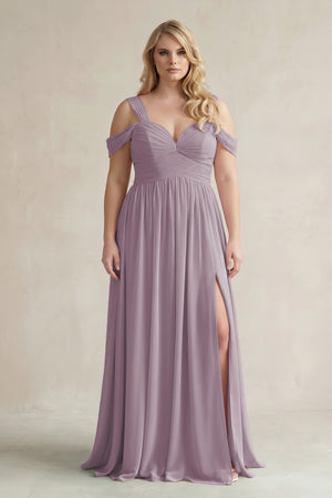 Dusk Off-the-Shoulder A-Line Chiffon Bridesmaid Dress With Slit [sizeplus] | KISSBRIDAL