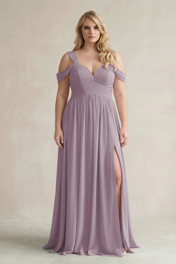 Dusk Off-the-Shoulder A-Line Chiffon Bridesmaid Dress With Slit [sizeplus] | KISSBRIDAL