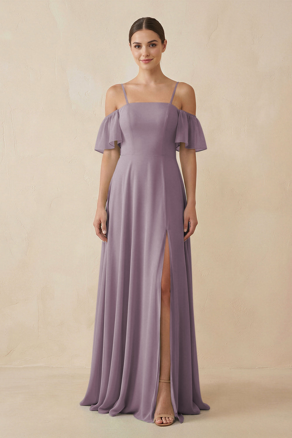 Off-the-Shoulder A-Line Chiffon Bridesmaid Dress in Dusk
