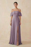 Dusk Off-the-Shoulder A-Line Chiffon Bridesmaid Dress | KISSBRIDAL