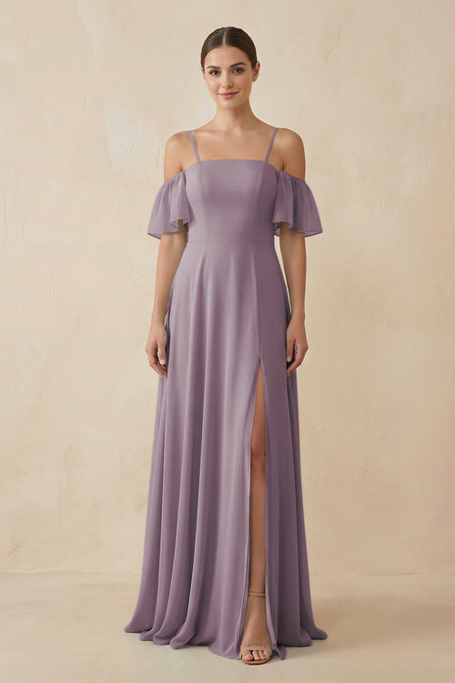 Dusk Off-the-Shoulder A-Line Chiffon Bridesmaid Dress | KISSBRIDAL