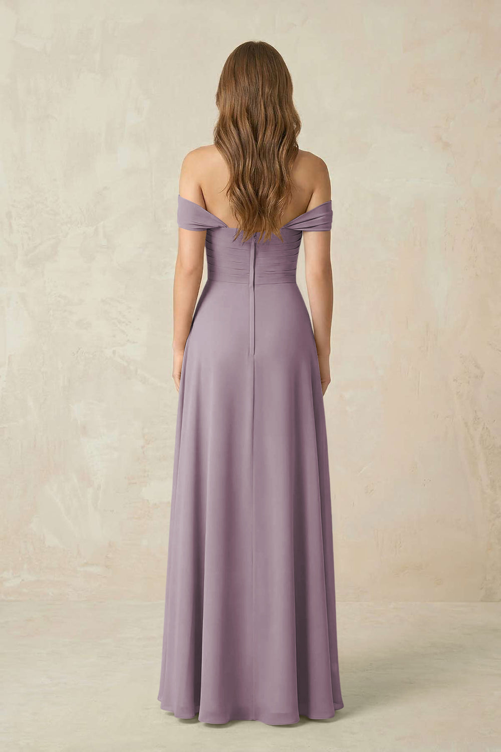 Off-the-Shoulder A-Line Chiffon Pleated Bridesmaid Dress in Dusk