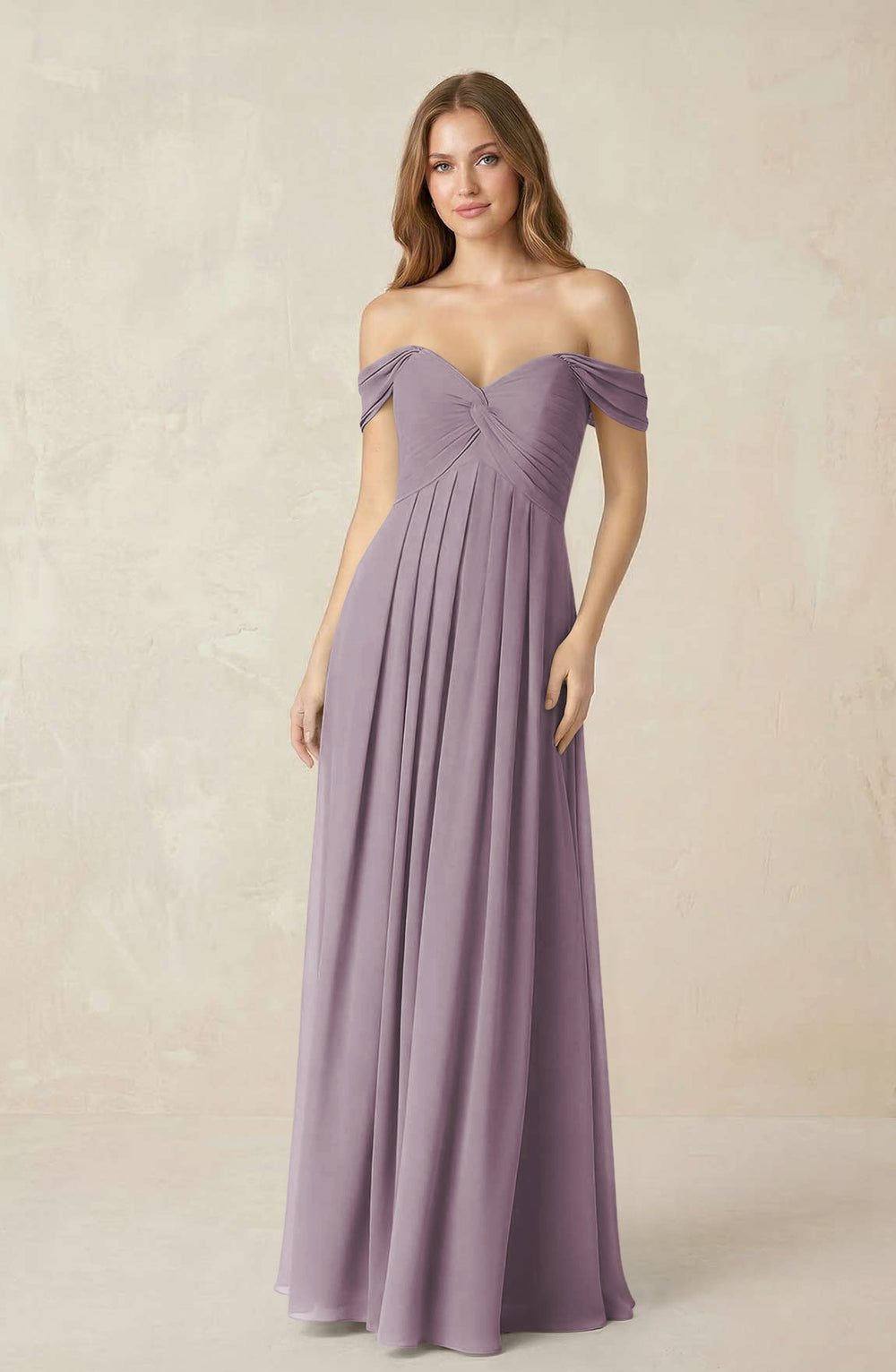 Off-the-Shoulder A-Line Chiffon Pleated Bridesmaid Dress in Dusk