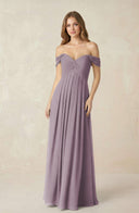 Dusk Off-the-Shoulder A-Line Chiffon Pleated Bridesmaid Dress | KISSBRIDAL
