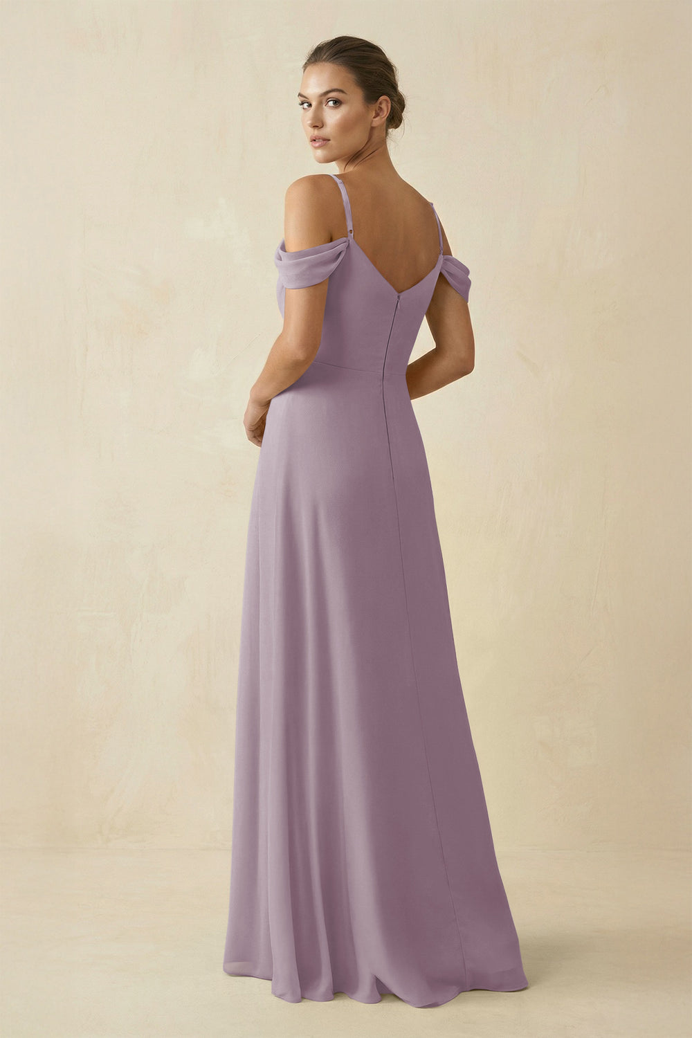 Off-the-Shoulder A-Line Pleated Chiffon Bridesmaid Gown in Dusk