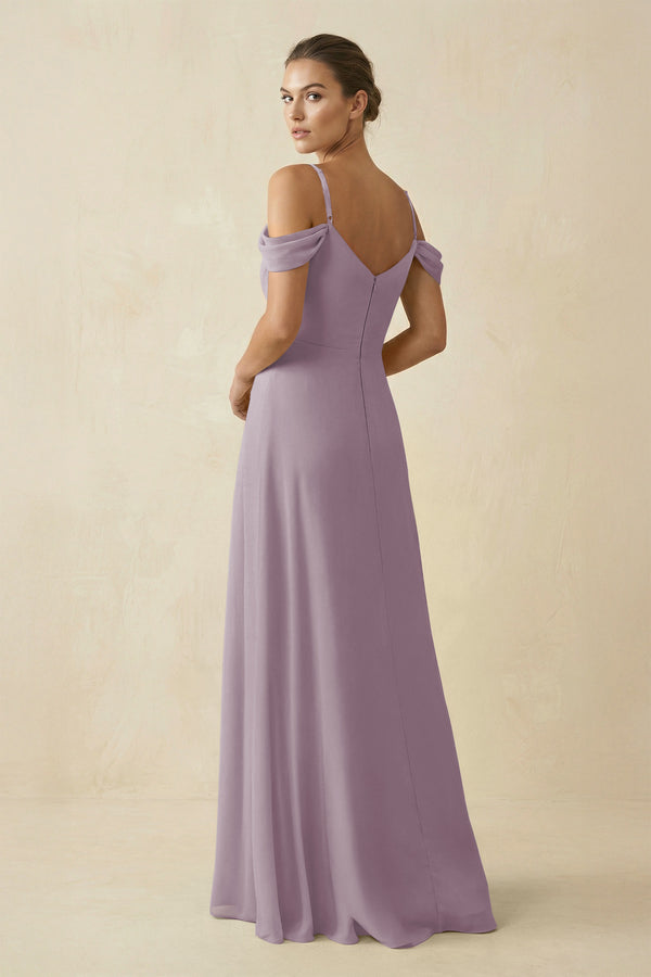 Dusk Off-the-Shoulder A-Line Pleated Chiffon Bridesmaid Gown (2) | KISSBRIDAL
