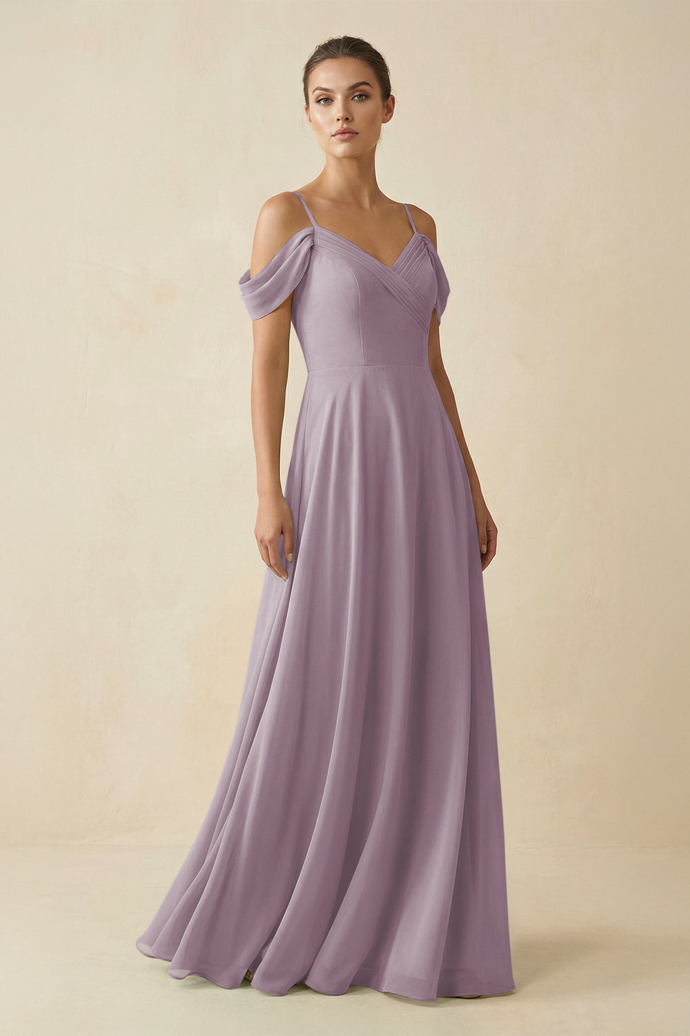 Off-the-Shoulder A-Line Pleated Chiffon Bridesmaid Gown in Dusk