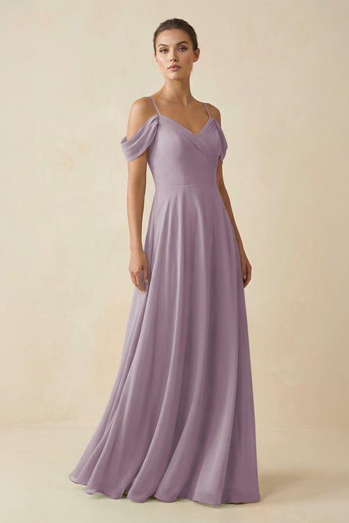 Dusk Off-the-Shoulder A-Line Pleated Chiffon Bridesmaid Gown | KISSBRIDAL