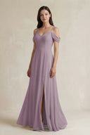 Dusk Off-the-Shoulder Chiffon A-Line Bridesmaid Dress | KISSBRIDAL