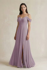 Dusk Off-the-Shoulder Chiffon A-Line Bridesmaid Dress | KISSBRIDAL
