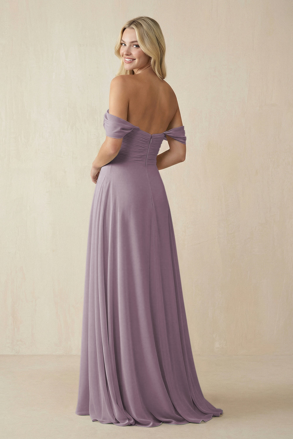 Off-the-Shoulder Chiffon A-Line Long Bridesmaid Dress in Dusk