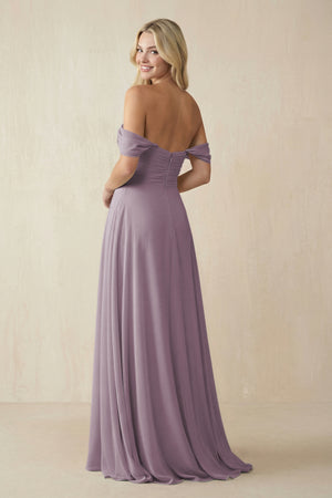 Dusk Off-the-Shoulder Chiffon A-Line Long Bridesmaid Dress (2) | KISSBRIDAL