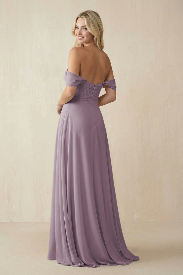 Dusk Off-the-Shoulder Chiffon A-Line Long Bridesmaid Dress (2) | KISSBRIDAL