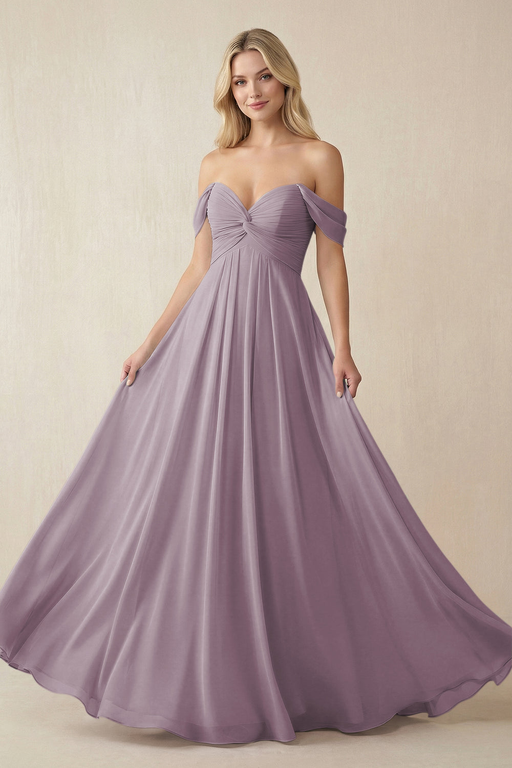 Off-the-Shoulder Chiffon A-Line Long Bridesmaid Dress in Dusk