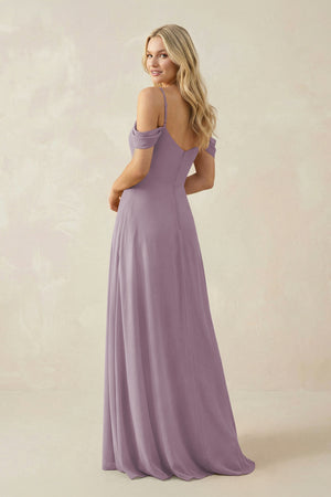 Dusk Off-the-Shoulder Chiffon A-Line Maxi Bridesmaid Dress (2) | KISSBRIDAL