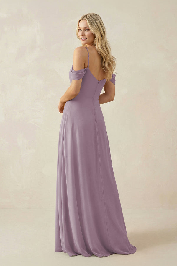 Dusk Off-the-Shoulder Chiffon A-Line Maxi Bridesmaid Dress (2) | KISSBRIDAL