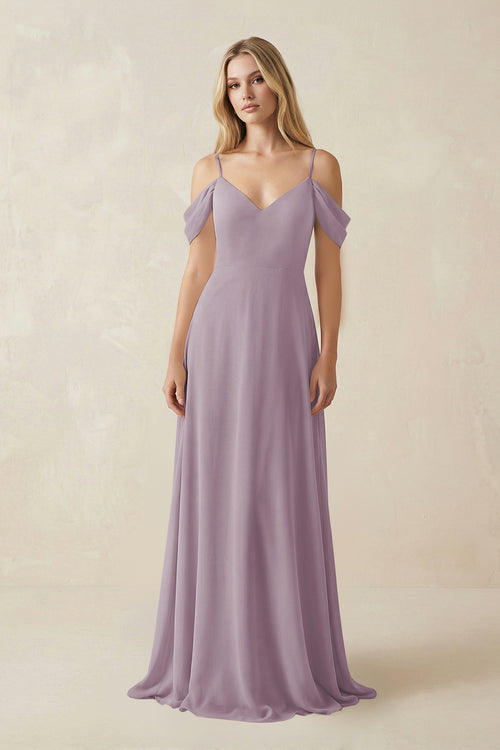 Dusk Off-the-Shoulder Chiffon A-Line Maxi Bridesmaid Dress | KISSBRIDAL