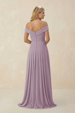 Dusk Off-the-Shoulder Pleated A-Line Chiffon Bridesmaid Dress (2) | KISSBRIDAL