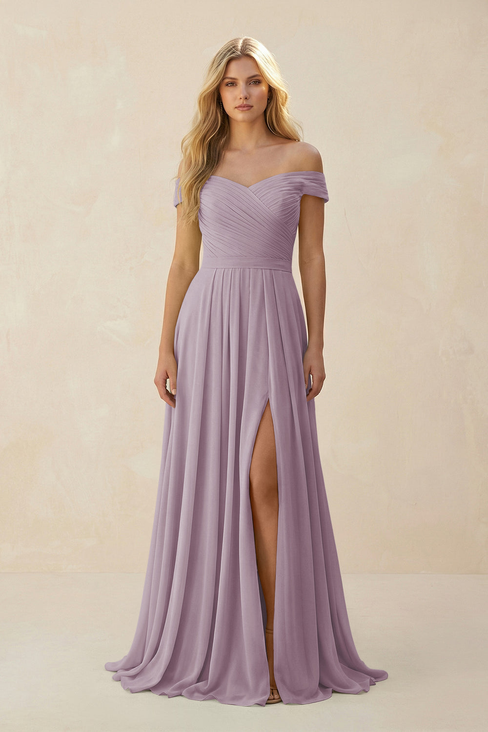 Off-the-Shoulder Pleated A-Line Chiffon Bridesmaid Dress in Dusk