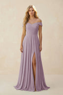 Dusk Off-the-Shoulder Pleated A-Line Chiffon Bridesmaid Dress | KISSBRIDAL