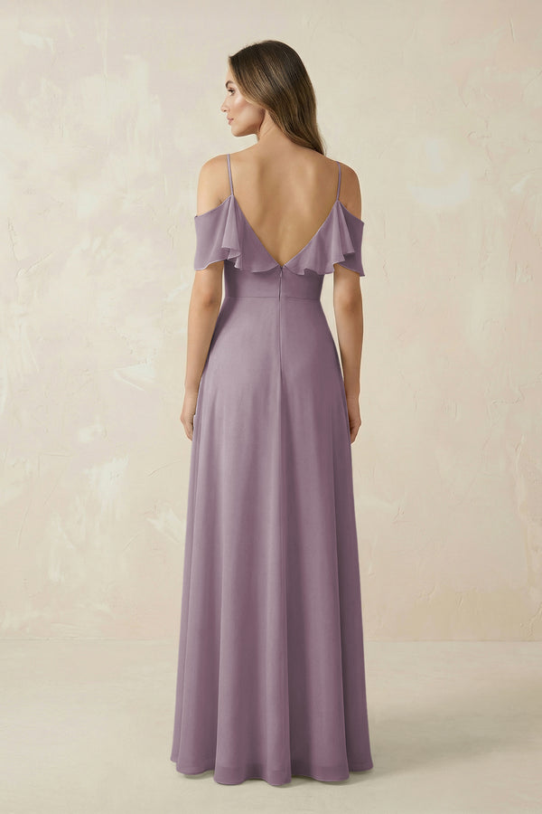 Dusk Off-the-Shoulder Ruffled A-Line Chiffon Bridesmaid Dress (2) | KISSBRIDAL