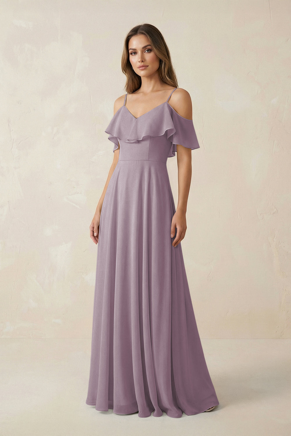 Off-the-Shoulder Ruffled A-Line Chiffon Bridesmaid Dress in Dusk