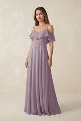 Dusk Off-the-Shoulder Ruffled A-Line Chiffon Bridesmaid Dress | KISSBRIDAL